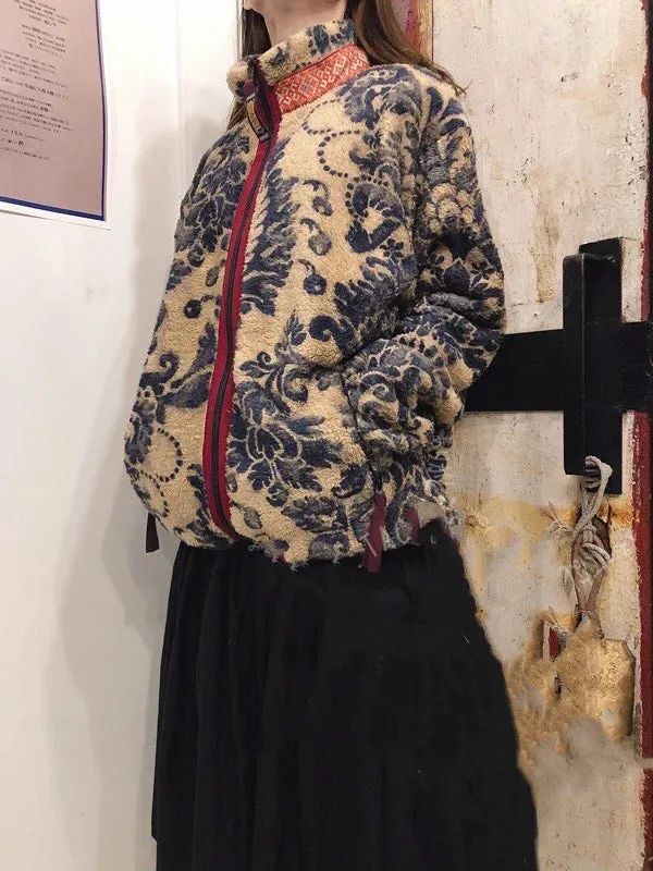 Vintage Japanese Casual Zipper Jacket with Tang Cao Chao Print and Warm Cashmere Lining