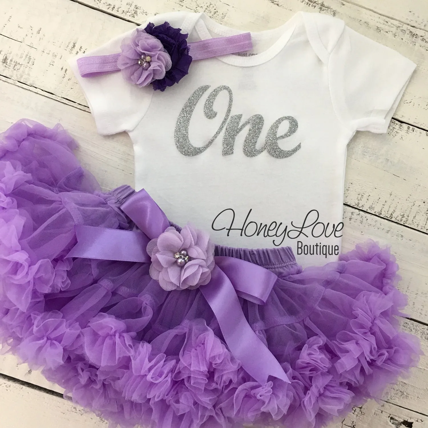 One - Birthday Outfit - Lavender Purple and Silver/Gold Glitter - embellished pettiskirt