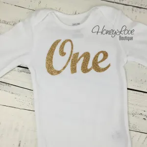 One - gold glitter bodysuit