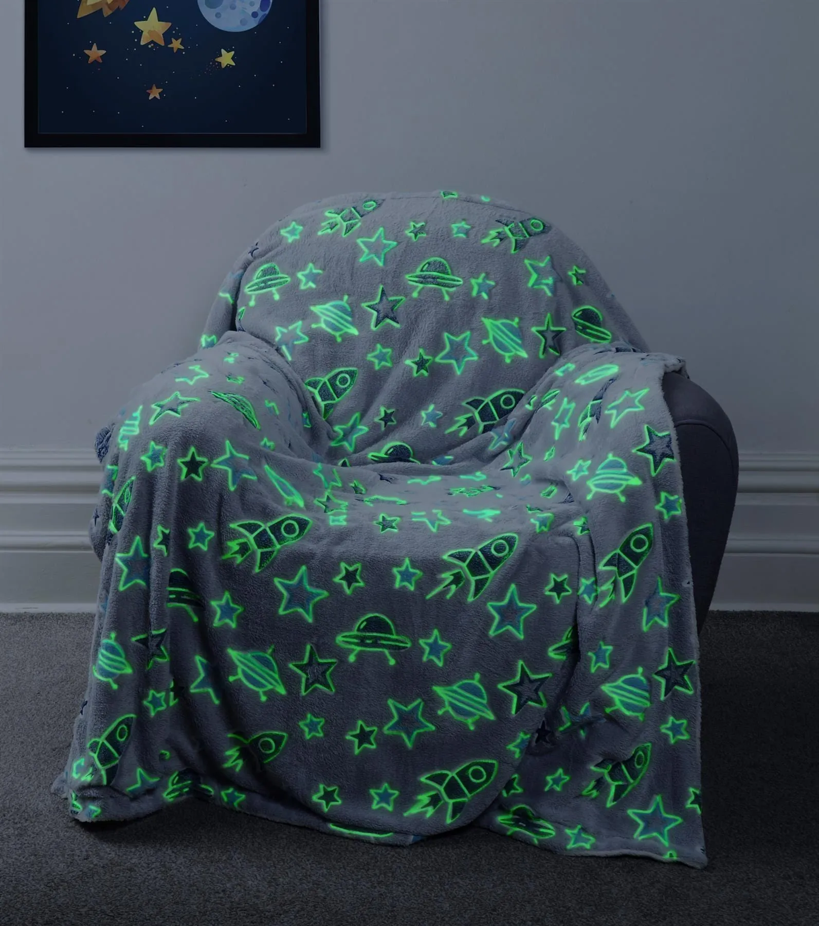 Outer Space Glow In The Dark Astronaut and Rocket Teddy Fleece Duvet Set for Children, OEKO-TEX Certified Bedding Perfect for Winter by OLIVIA ROCCO