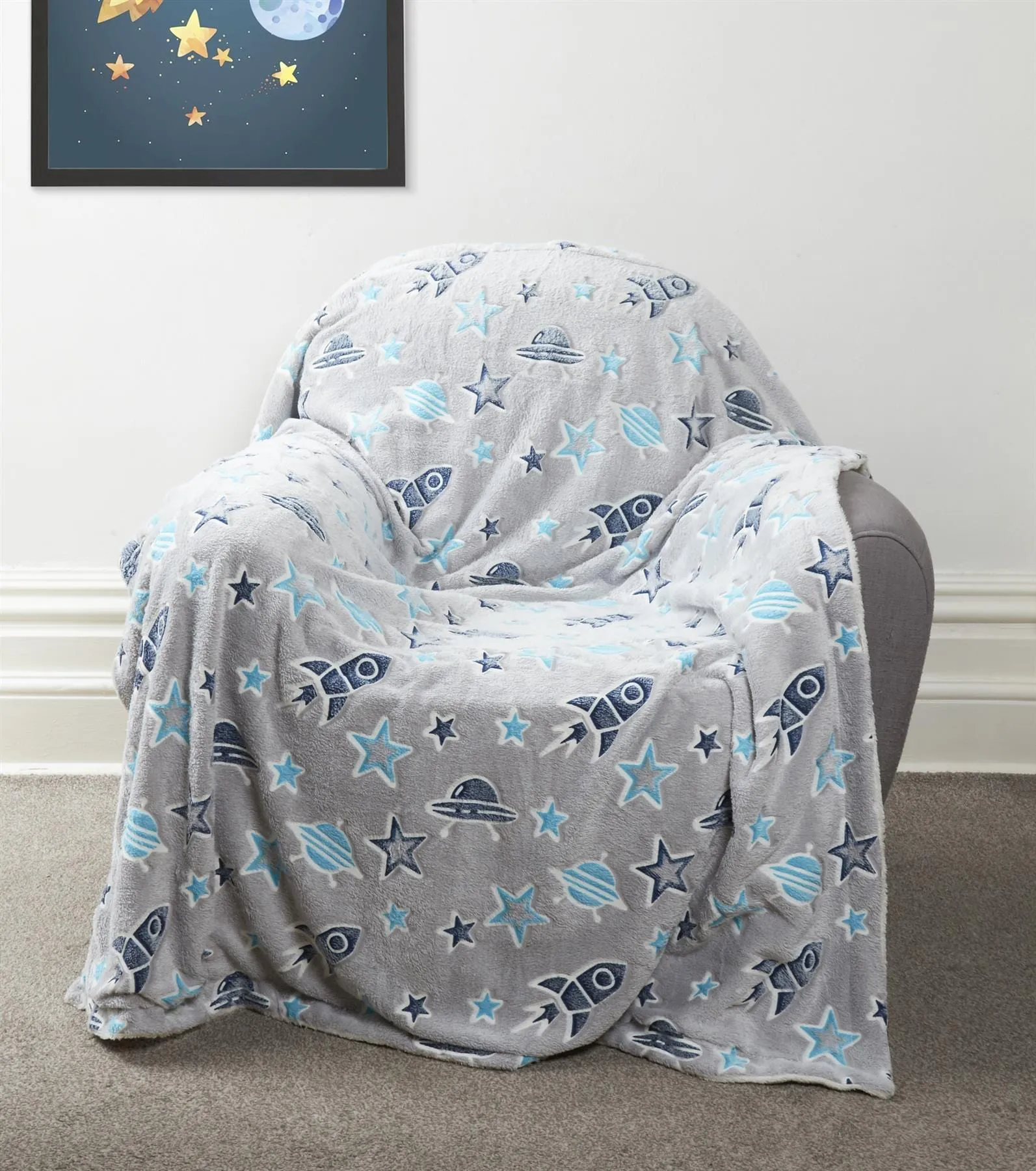 Outer Space Glow In The Dark Astronaut and Rocket Teddy Fleece Duvet Set for Children, OEKO-TEX Certified Bedding Perfect for Winter by OLIVIA ROCCO