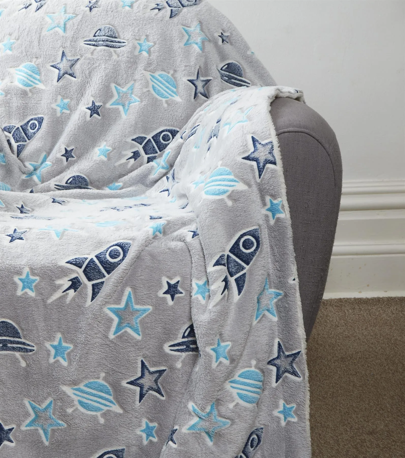 Outer Space Glow In The Dark Astronaut and Rocket Teddy Fleece Duvet Set for Children, OEKO-TEX Certified Bedding Perfect for Winter by OLIVIA ROCCO