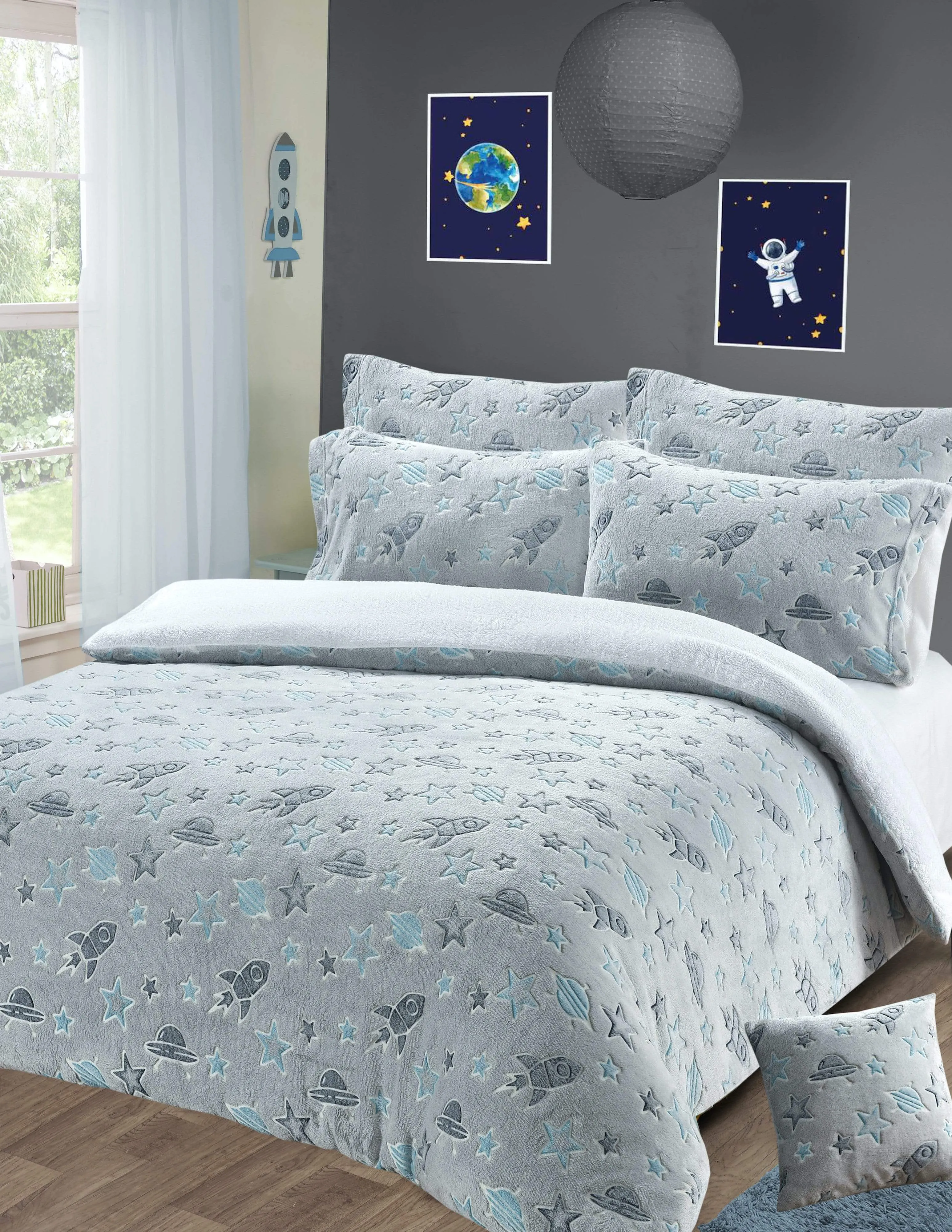 Outer Space Glow In The Dark Astronaut and Rocket Teddy Fleece Duvet Set for Children, OEKO-TEX Certified Bedding Perfect for Winter by OLIVIA ROCCO