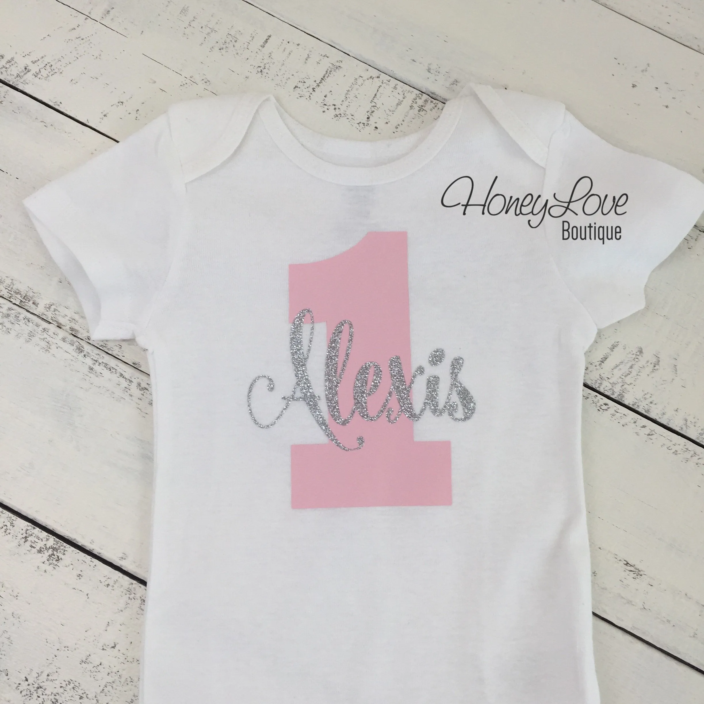 Personalized 1st Birthday Bodysuit - Light Pink and Gold/Silver glitter