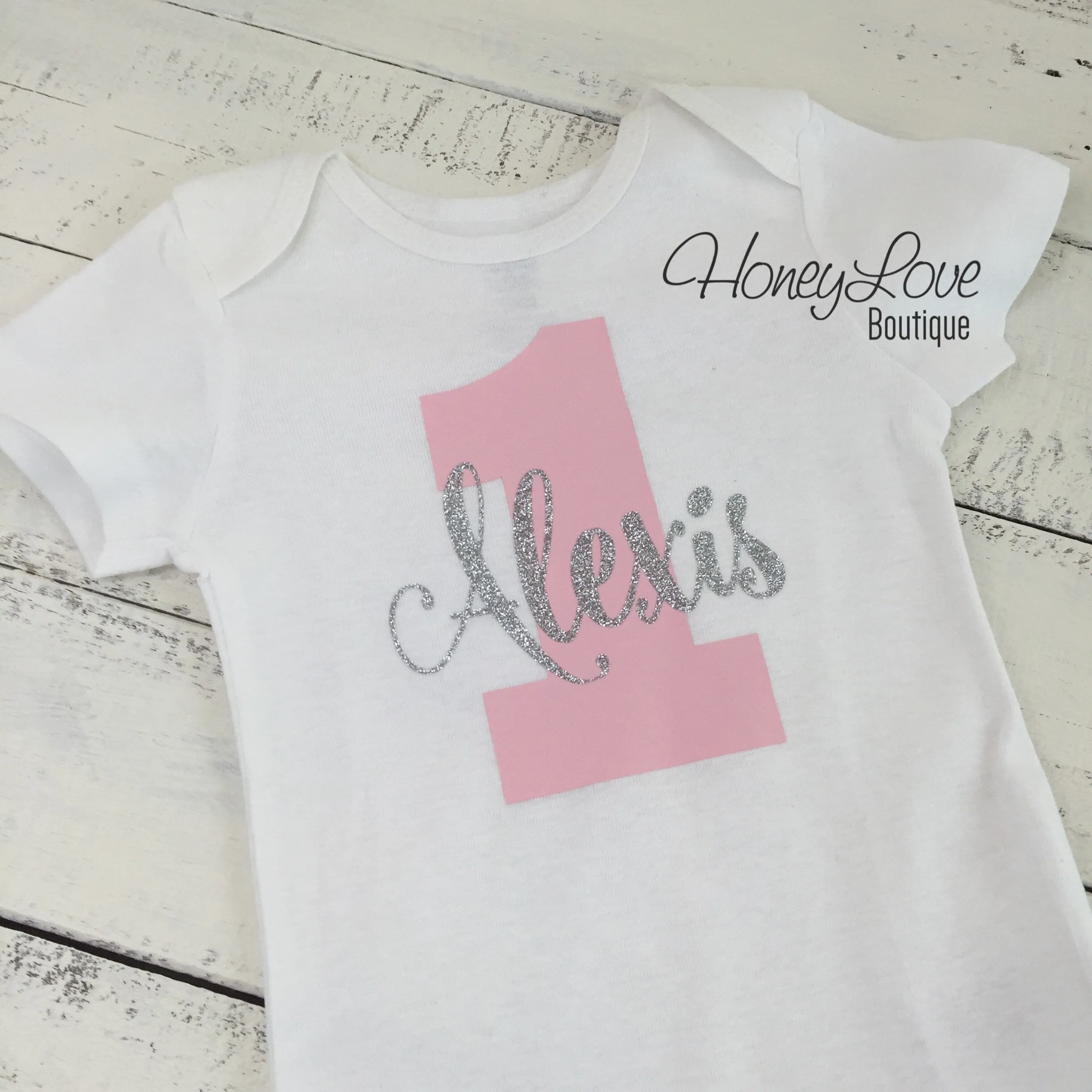 Personalized 1st Birthday Bodysuit - Light Pink and Gold/Silver glitter