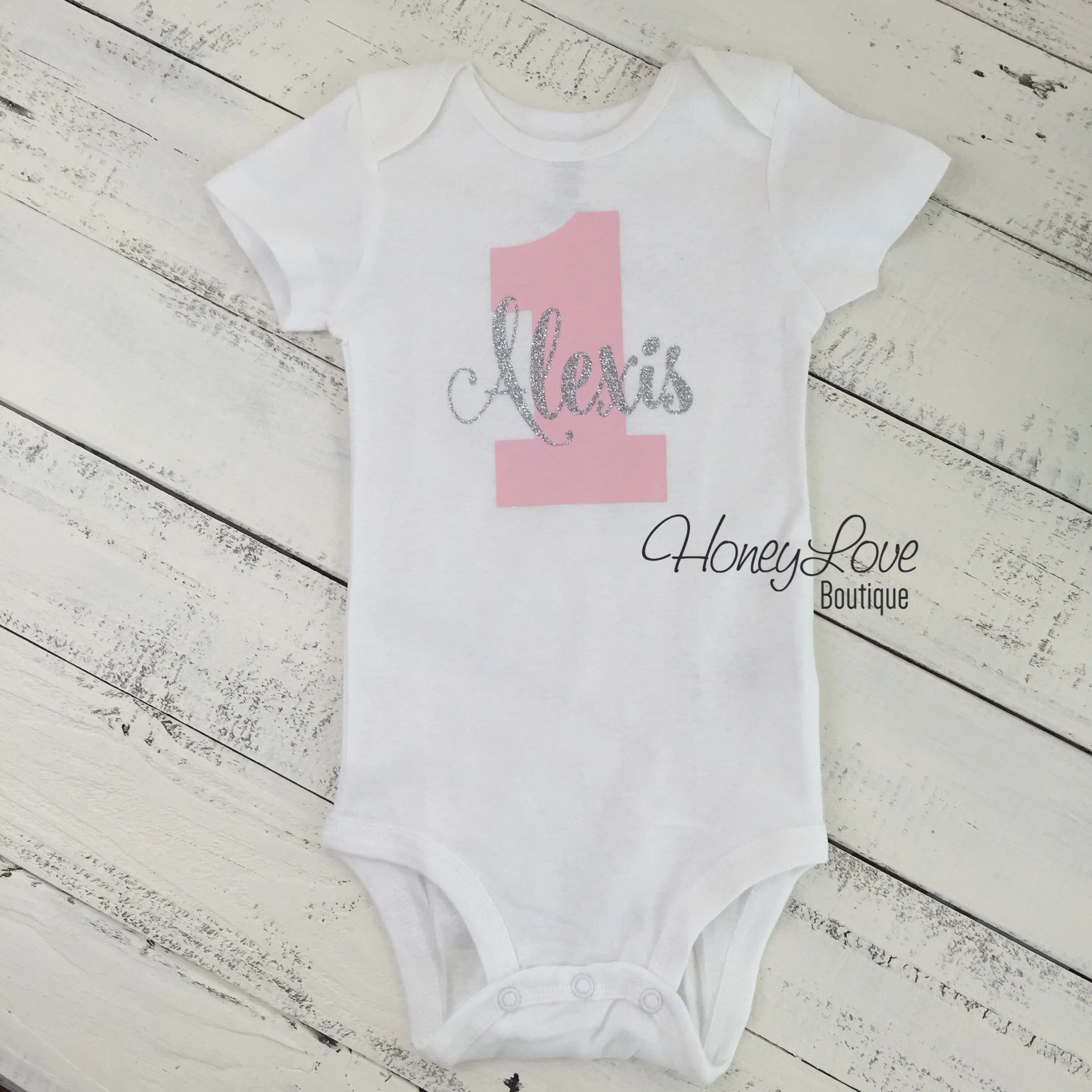 Personalized 1st Birthday Bodysuit - Light Pink and Gold/Silver glitter