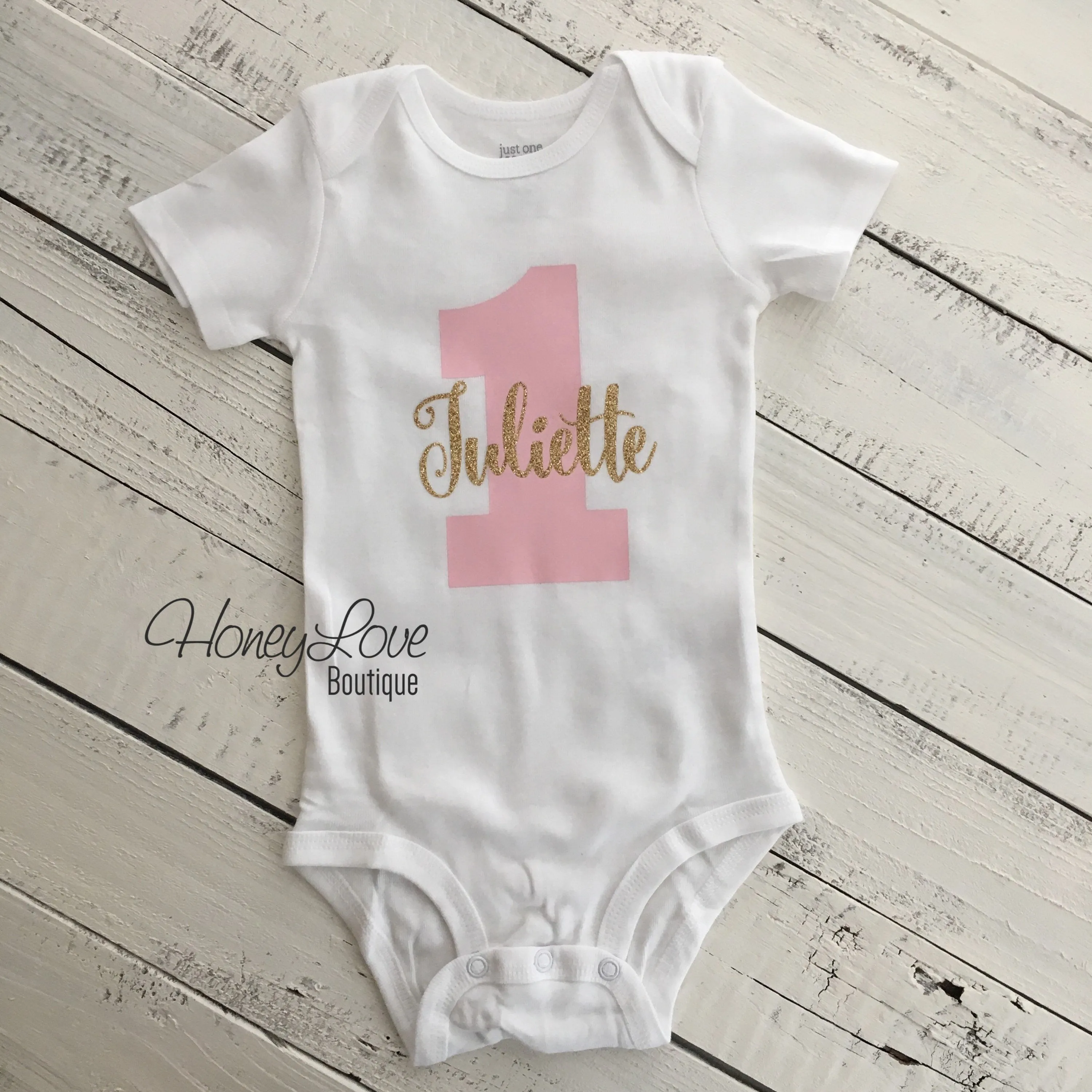 Personalized 1st Birthday Bodysuit - Light Pink and Gold/Silver glitter