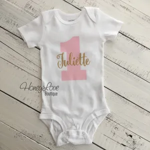 Personalized 1st Birthday Bodysuit - Light Pink and Gold/Silver glitter