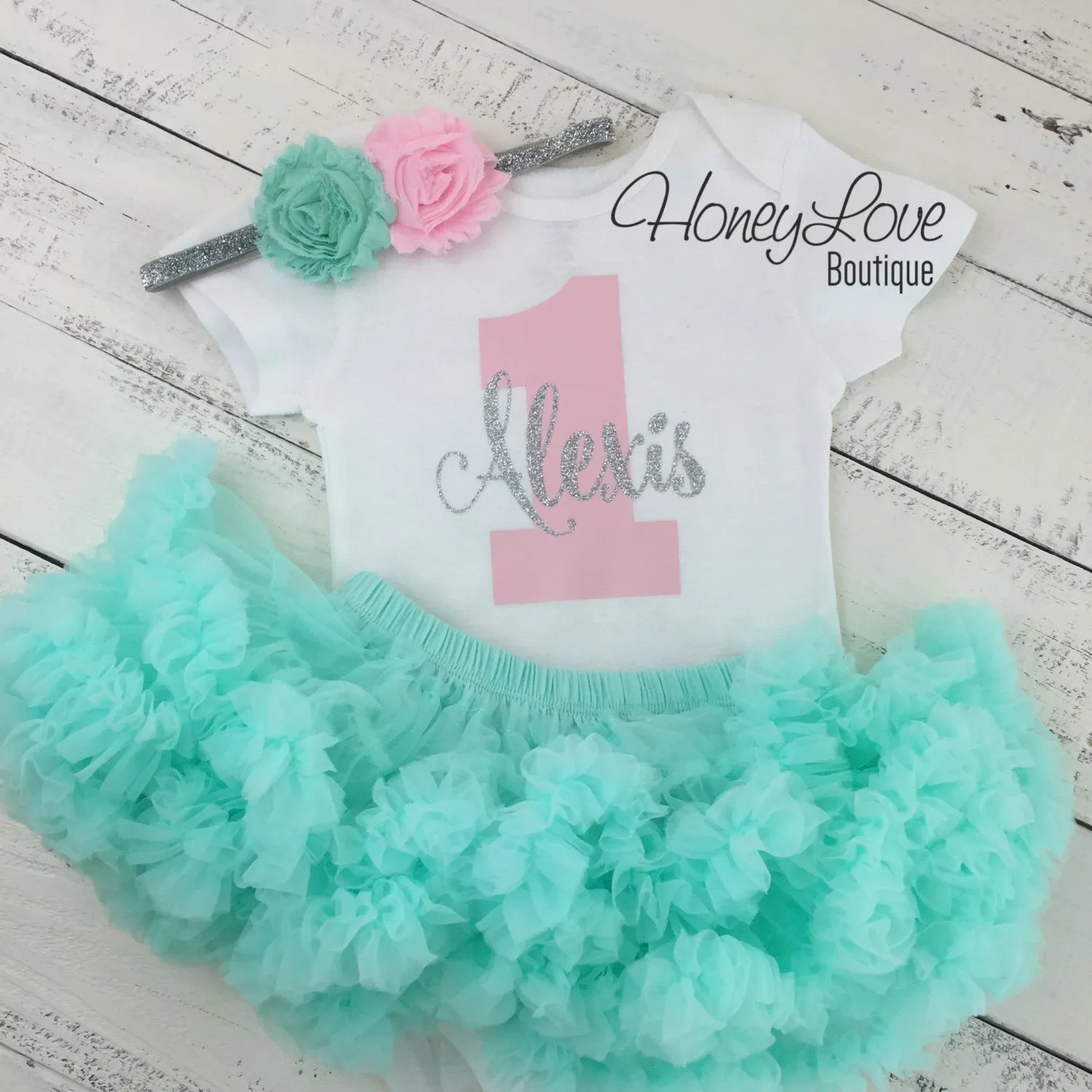 Personalized 1st Birthday outfit - Silver Glitter, Light pink, and Mint/Aqua