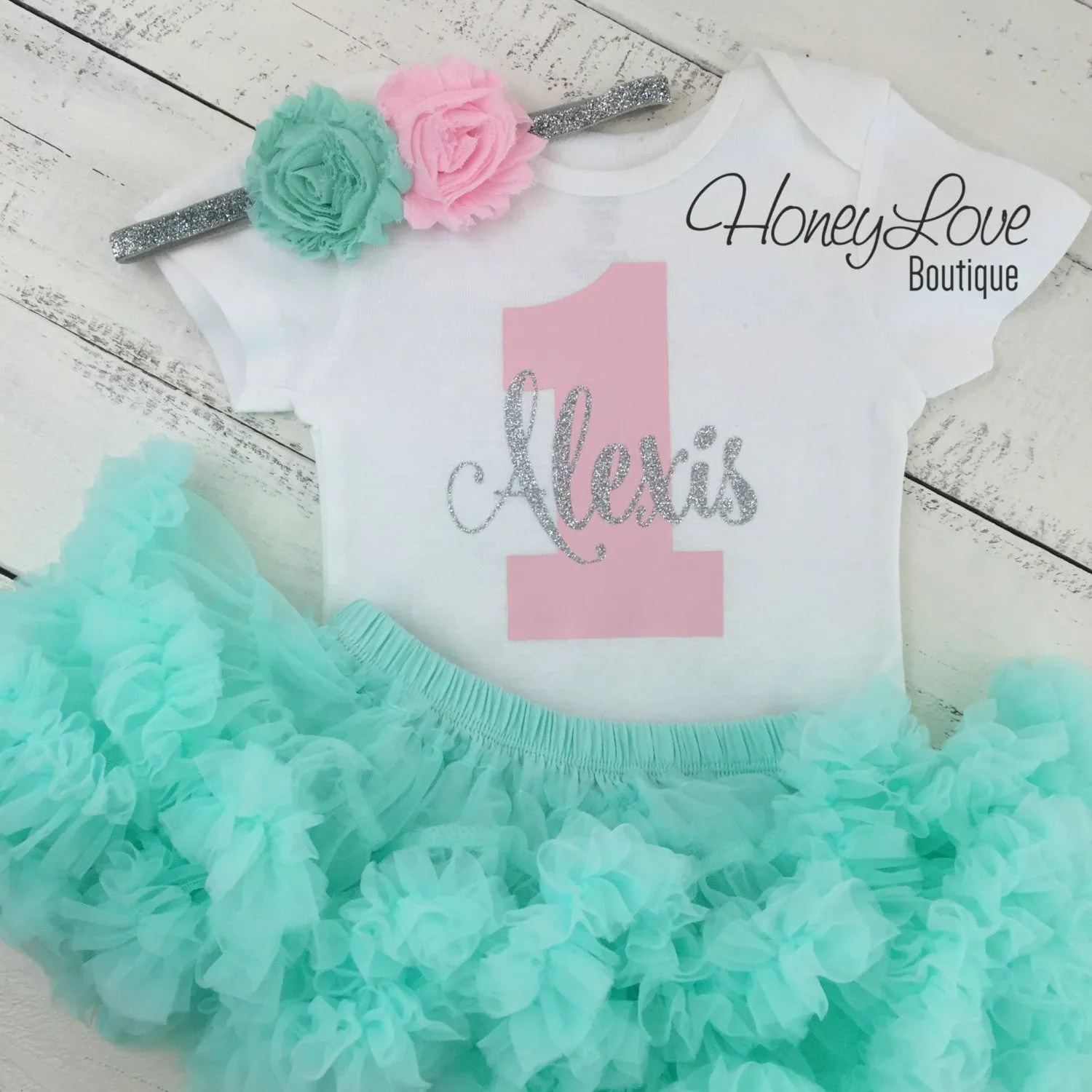 Personalized 1st Birthday outfit - Silver Glitter, Light pink, and Mint/Aqua