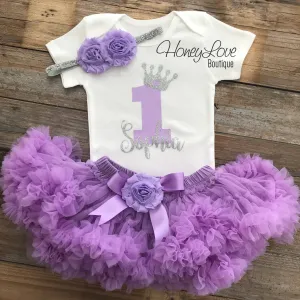 Personalized 1st Birthday Princess outfit - Silver glitter and Lavender Purple - embellished pettiskirt