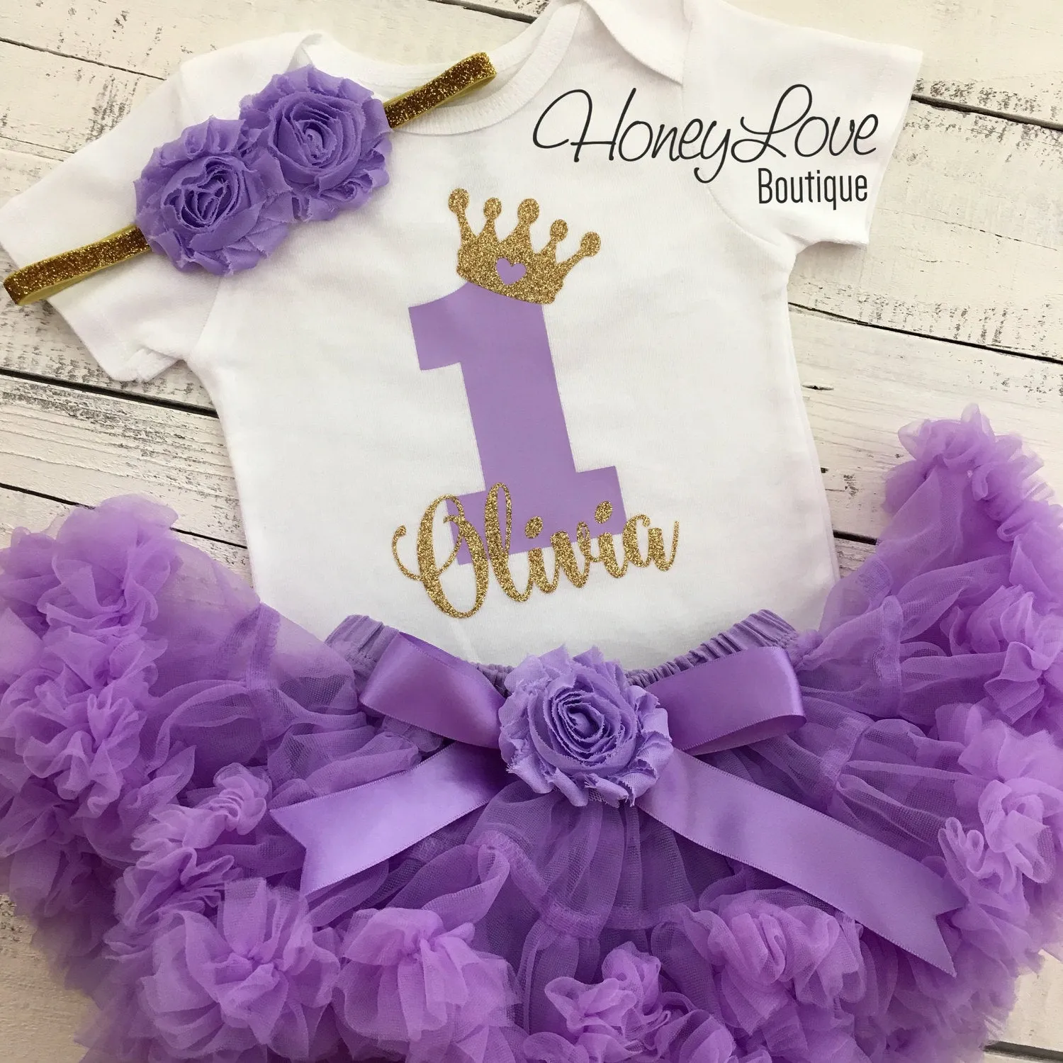 Personalized 1st Birthday Princess outfit - Silver glitter and Lavender Purple - embellished pettiskirt