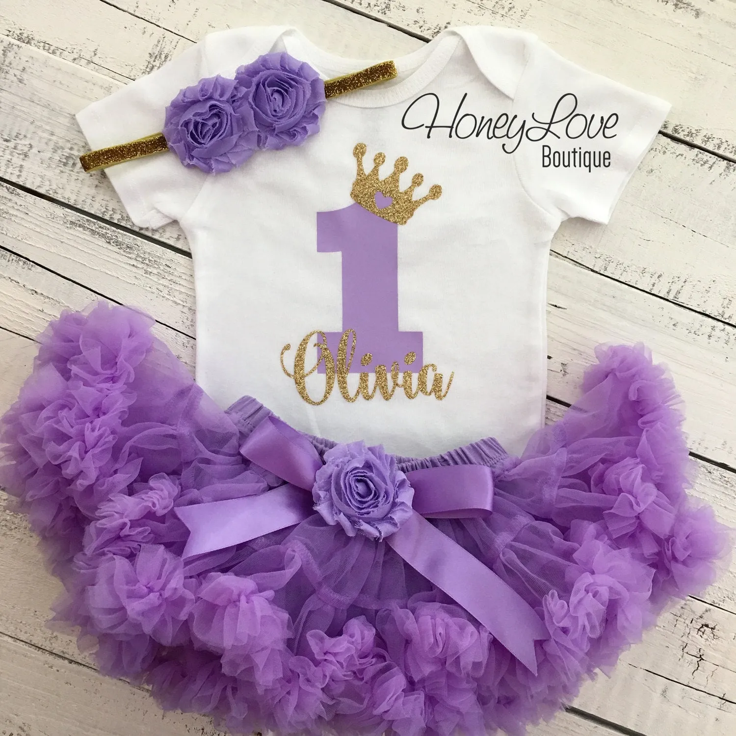 Personalized 1st Birthday Princess outfit - Silver glitter and Lavender Purple - embellished pettiskirt