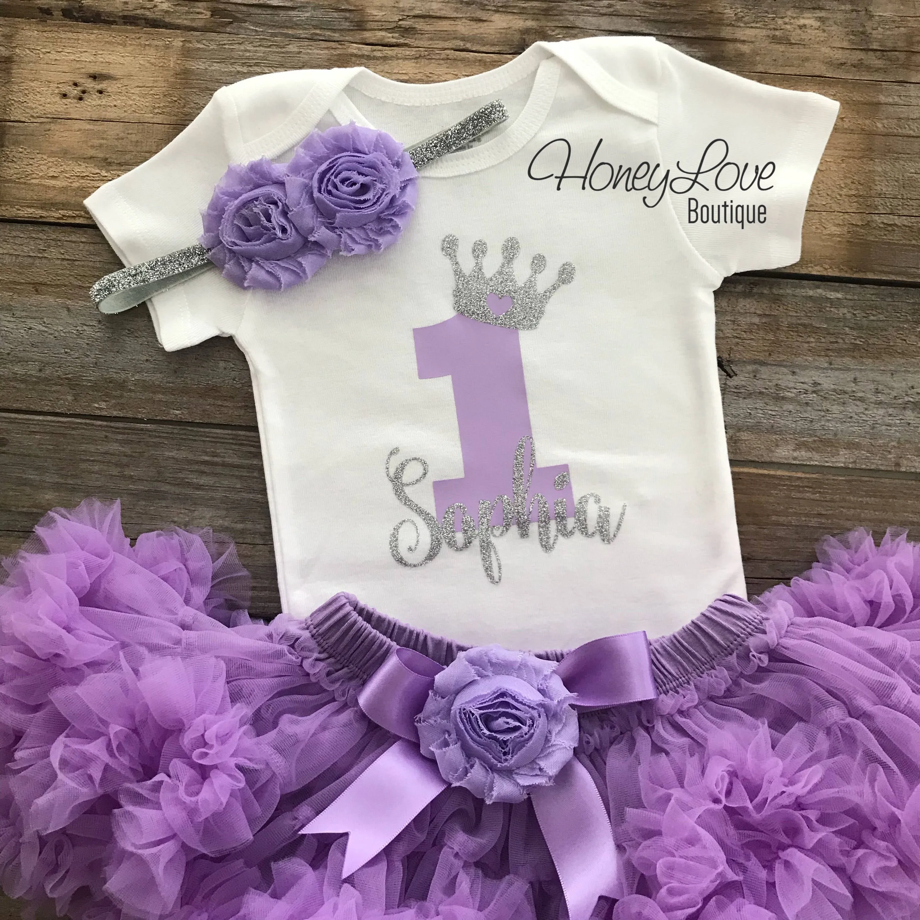 Personalized 1st Birthday Princess outfit - Silver glitter and Lavender Purple - embellished pettiskirt