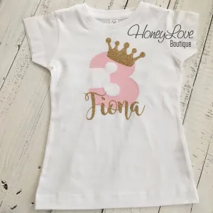 Personalized 3rd Birthday Princess T-shirt - Light Pink and Gold glitter