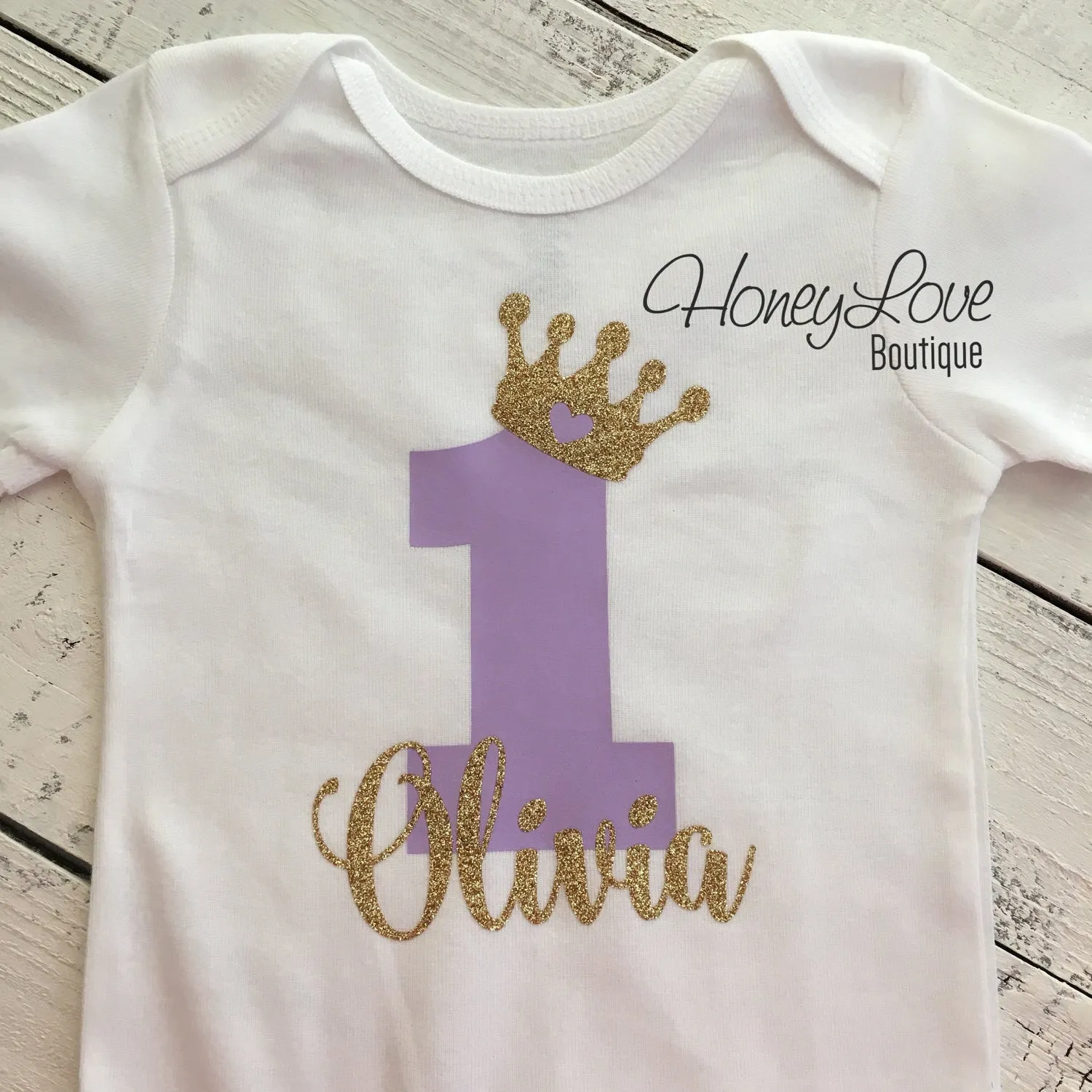 Personalized First Birthday Princess Bodysuit - Lavender Purple and Gold glitter