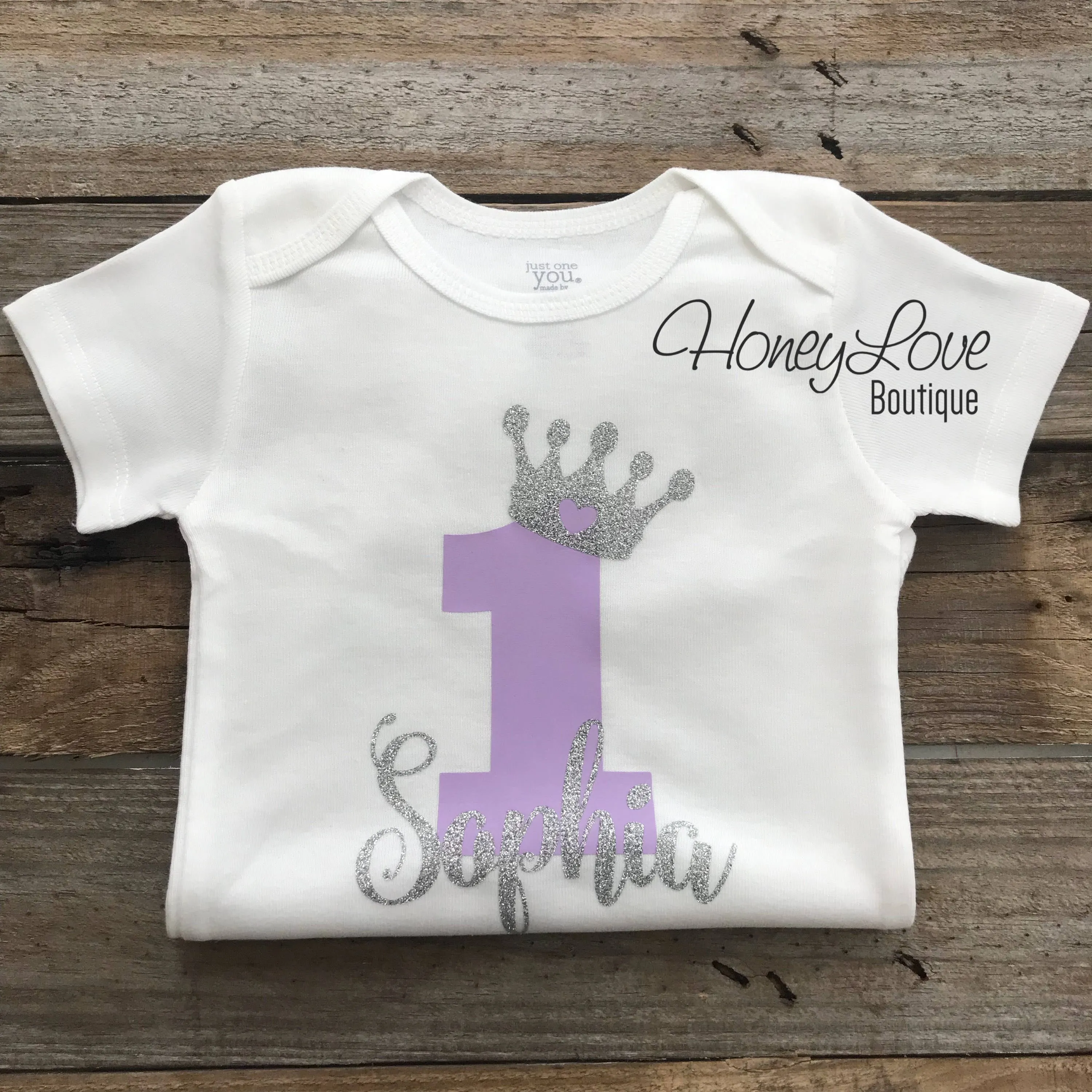 Personalized First Birthday Princess Bodysuit - Lavender Purple and Silver glitter