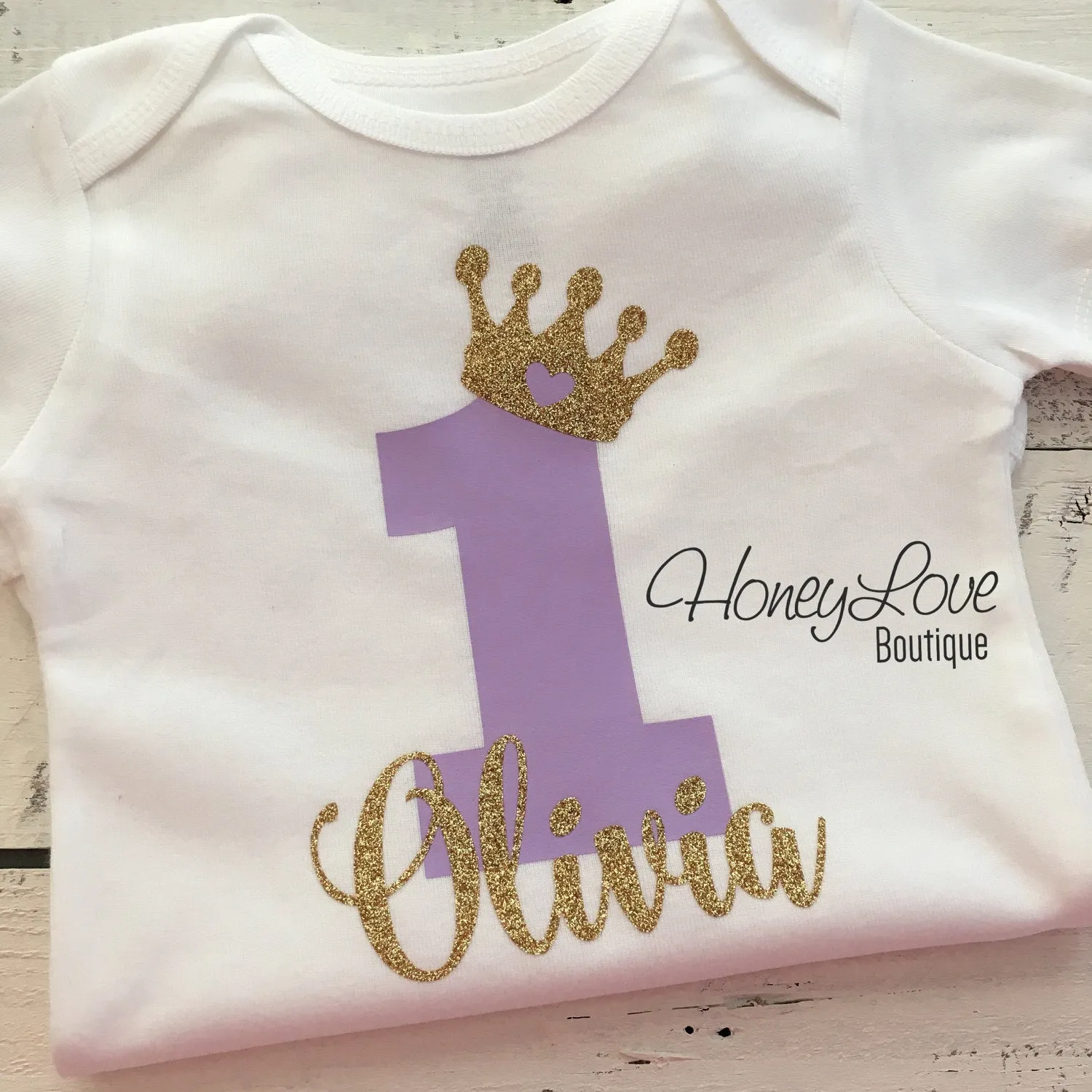 Personalized First Birthday Princess Bodysuit - Lavender Purple and Silver glitter