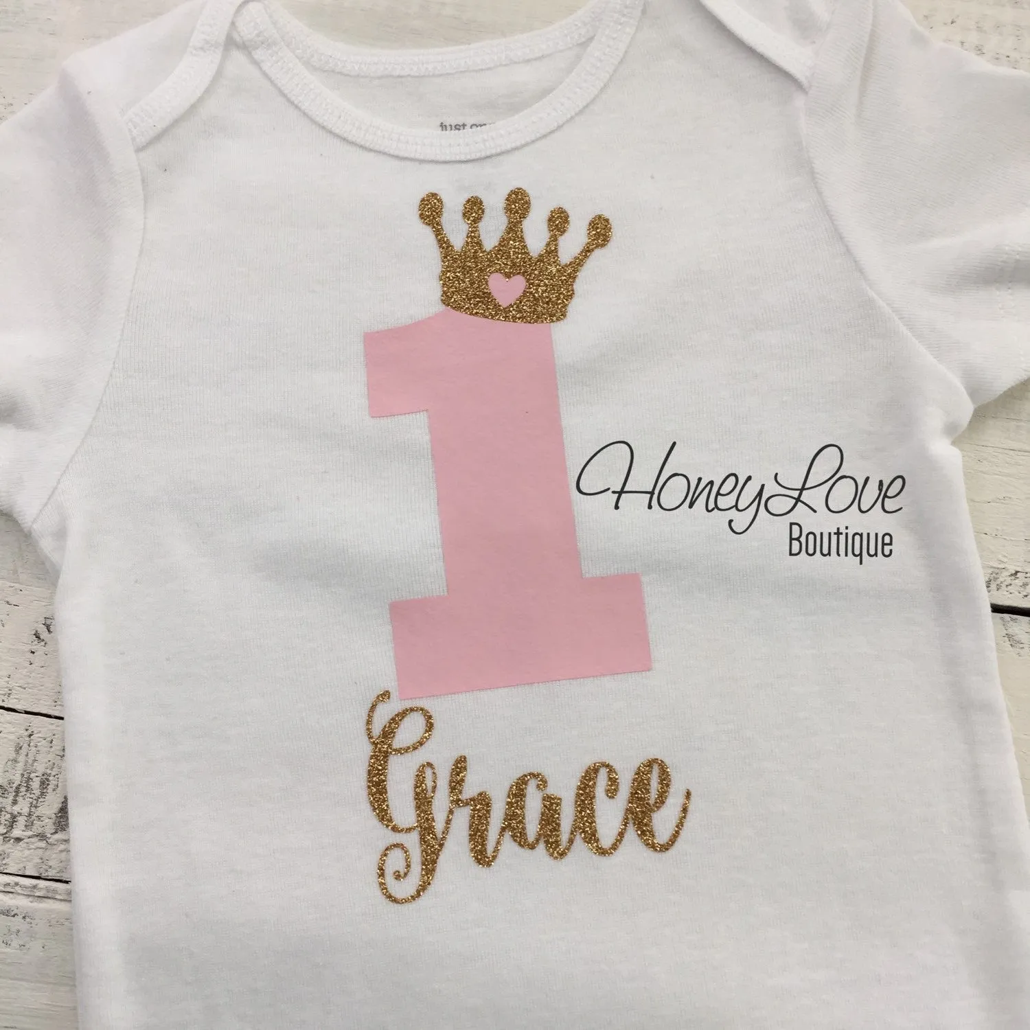 Personalized First Birthday Princess Bodysuit - Light Pink and Gold glitter