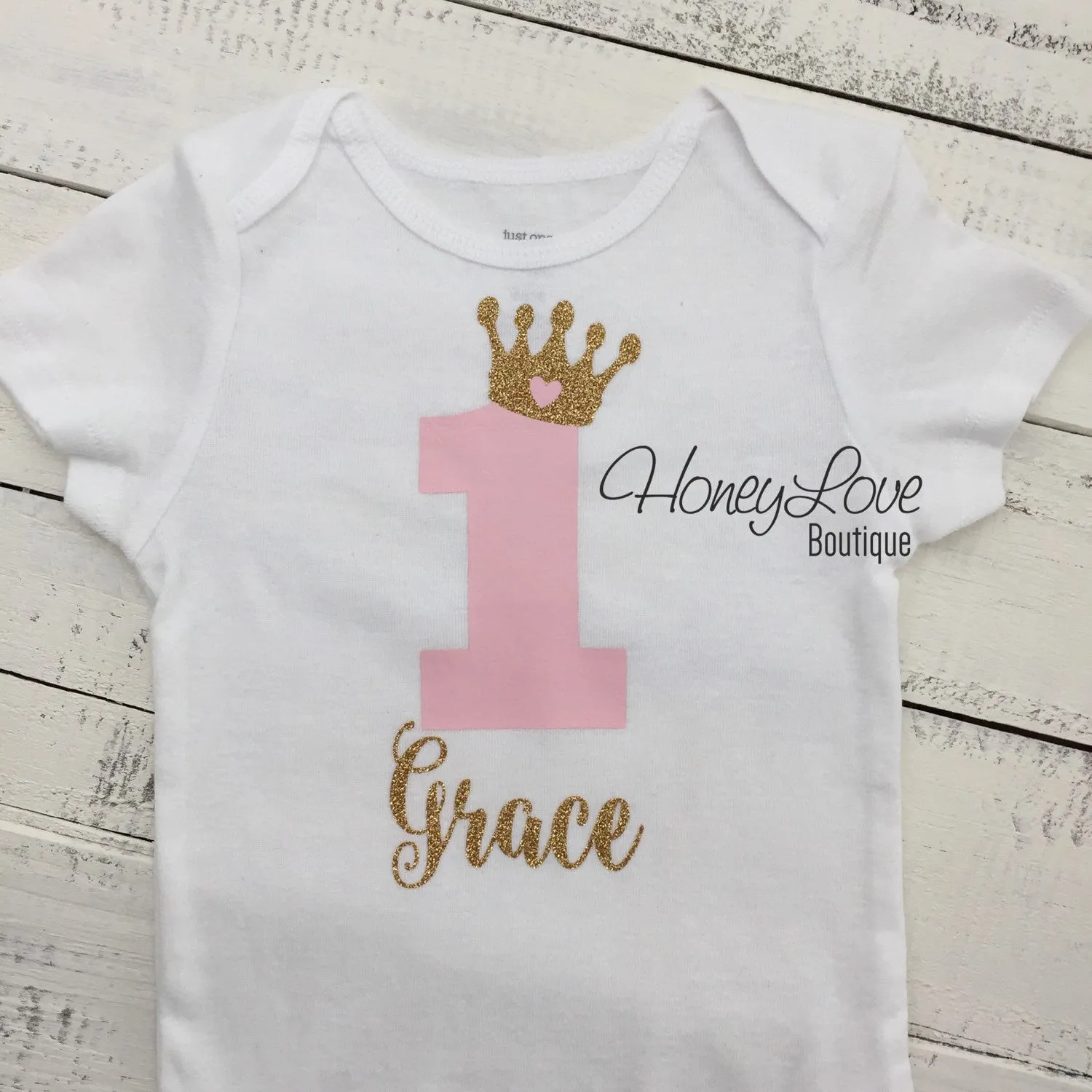 Personalized First Birthday Princess Bodysuit - Light Pink and Gold glitter