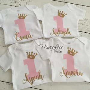 Personalized First Birthday Princess Bodysuit - Light Pink and Gold glitter