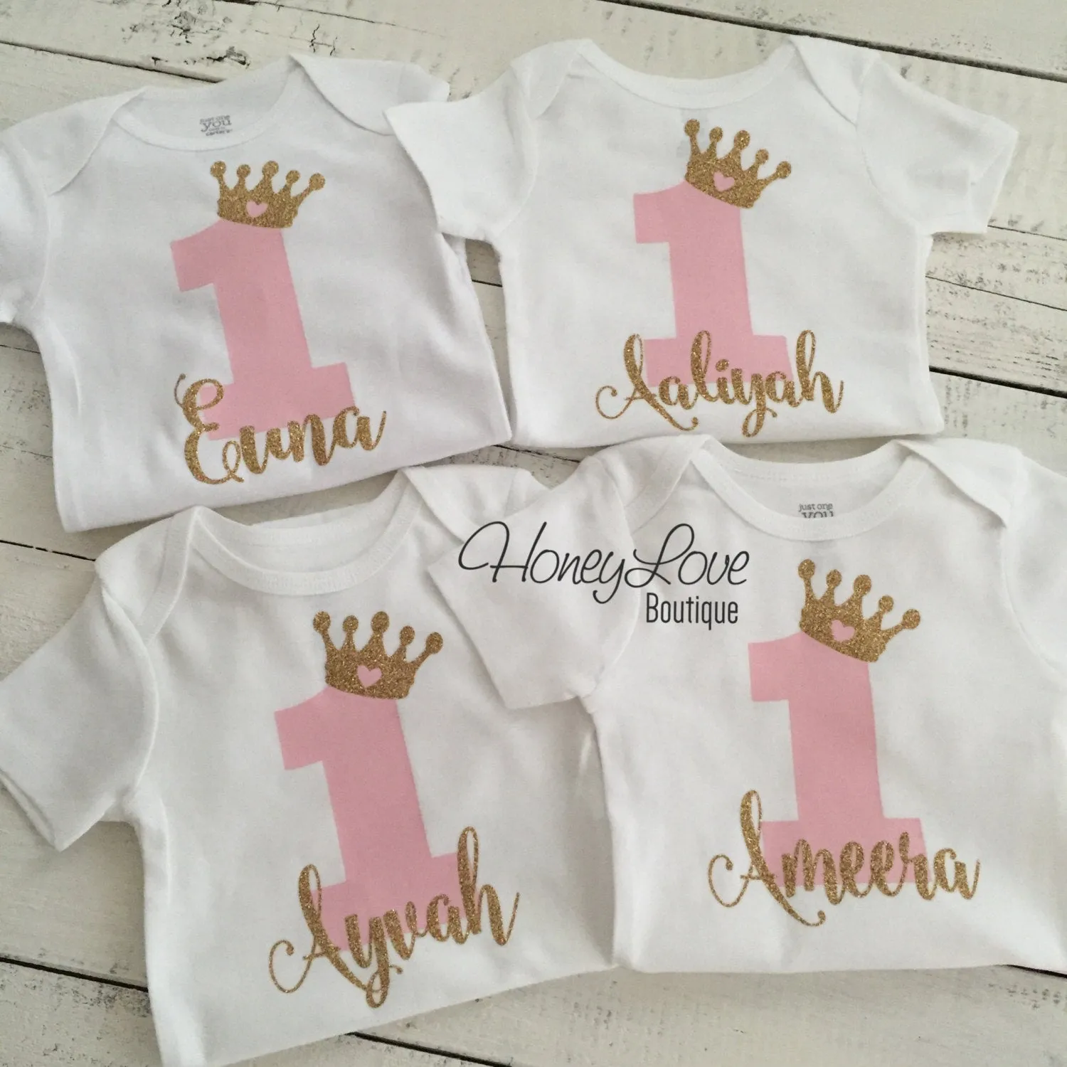 Personalized First Birthday Princess Bodysuit - Light Pink and Silver glitter