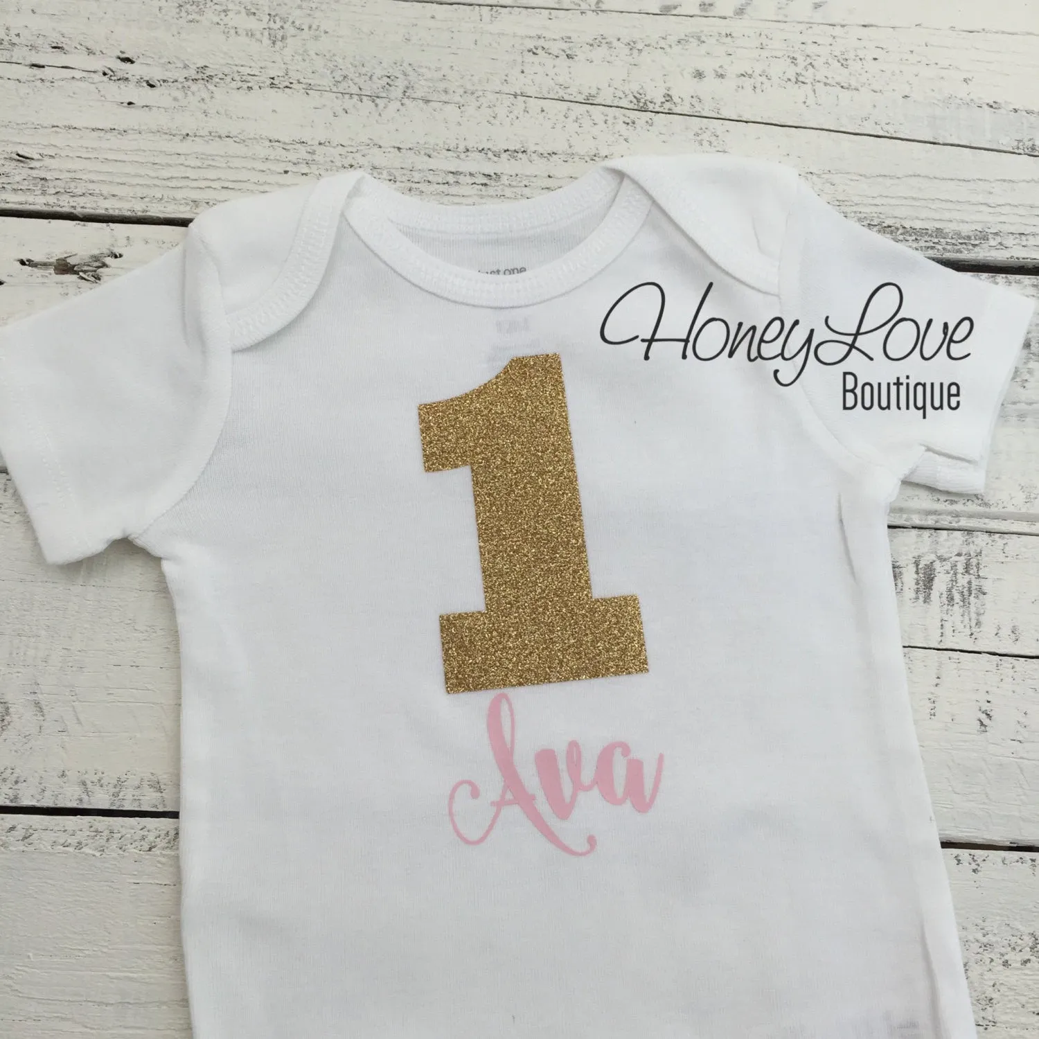 Personalized Name 1st Birthday Bodysuit - Gold Glitter and Light Pink