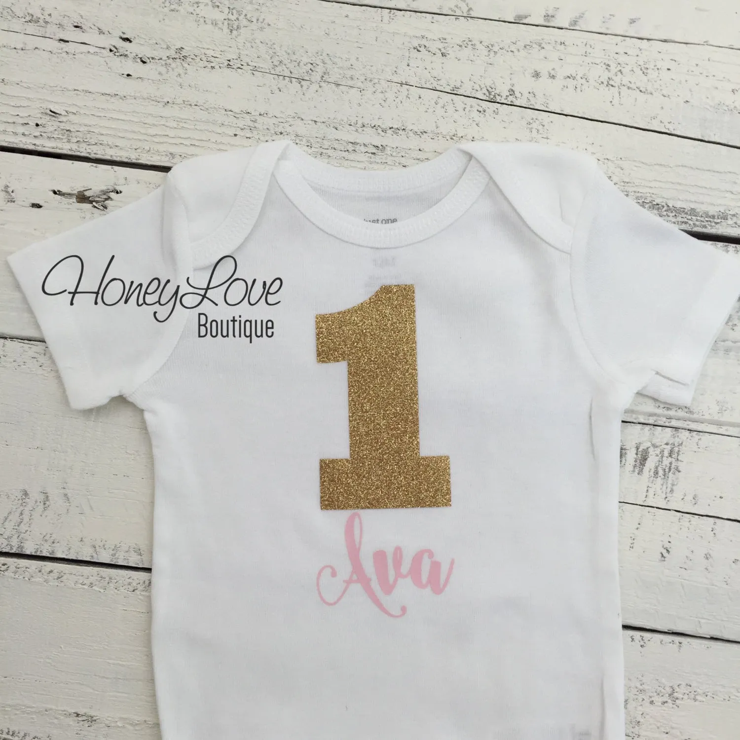 Personalized Name 1st Birthday Bodysuit - Gold Glitter and Light Pink