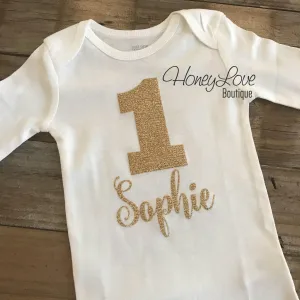 Personalized Name 1st Birthday Bodysuit - Gold Glitter