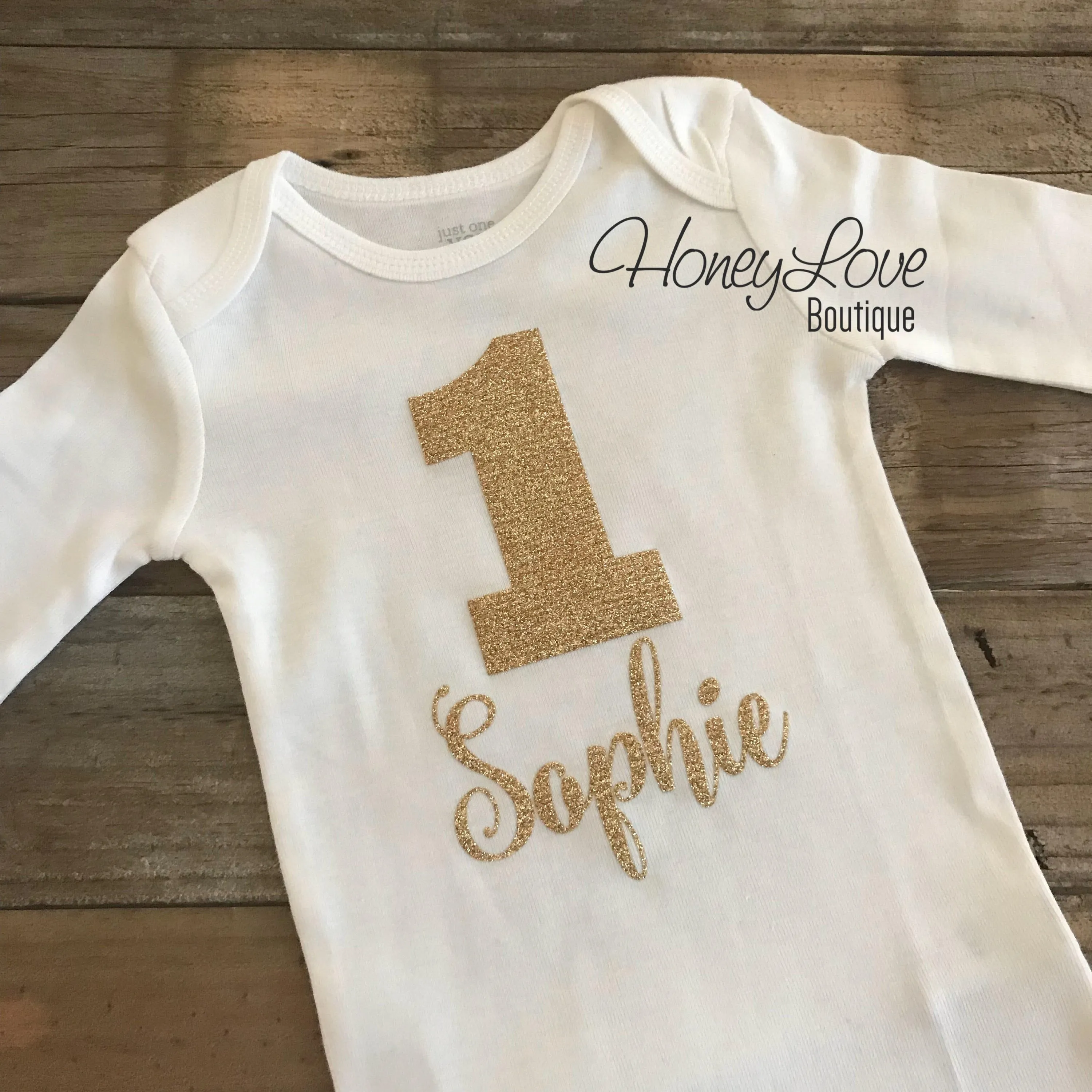 Personalized Name 1st Birthday Bodysuit - Gold Glitter