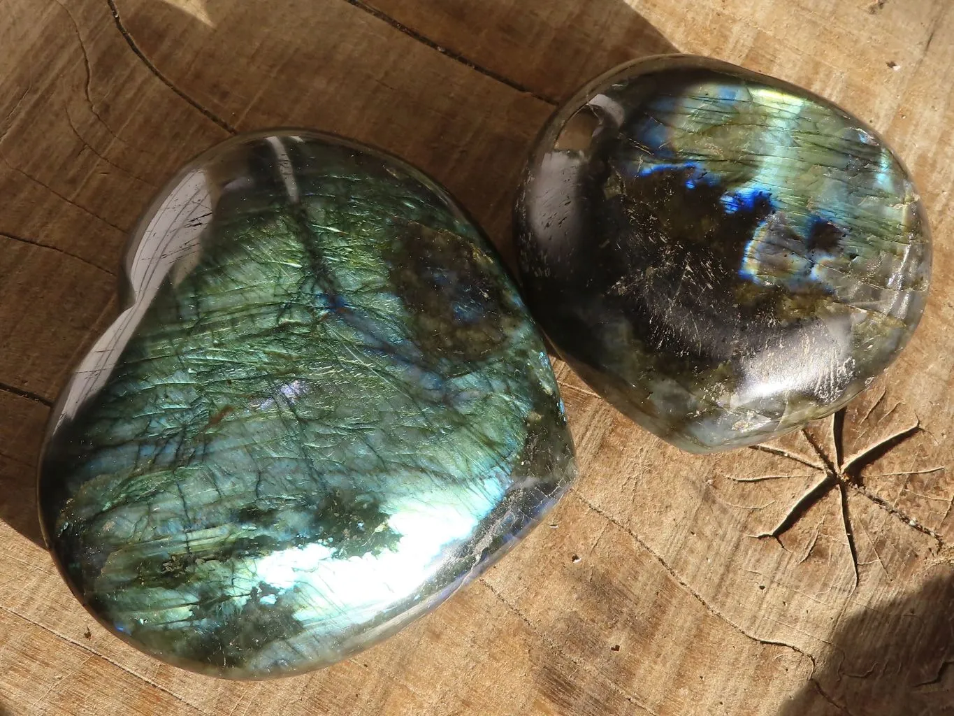 Polished  Flashy Labradorite Puffy Gemstone Hearts  x 2 From Tulear, Madagascar