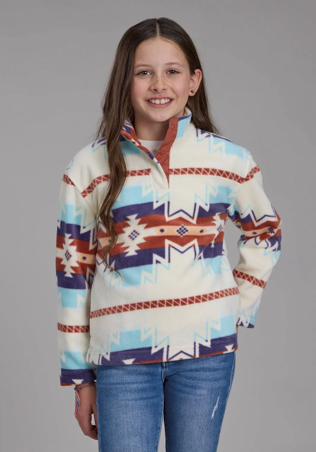 Roper Kids Girls Large Aztec Print Cream/Blue 100% Polyester Fleece Jacket