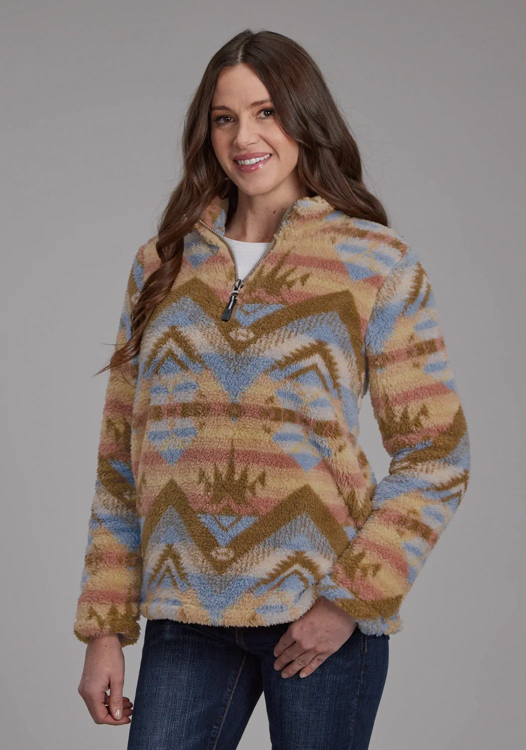 Roper Womens Fuzzy Aztec Brown/Blue 100% Polyester Fleece Jacket