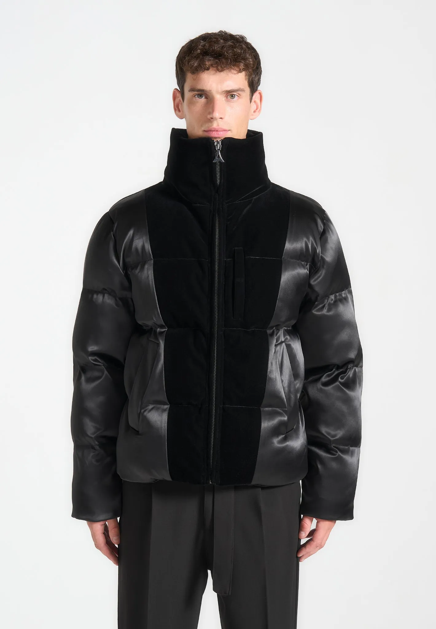 Satin and Velvet Panelled Puffer Jacket - Black