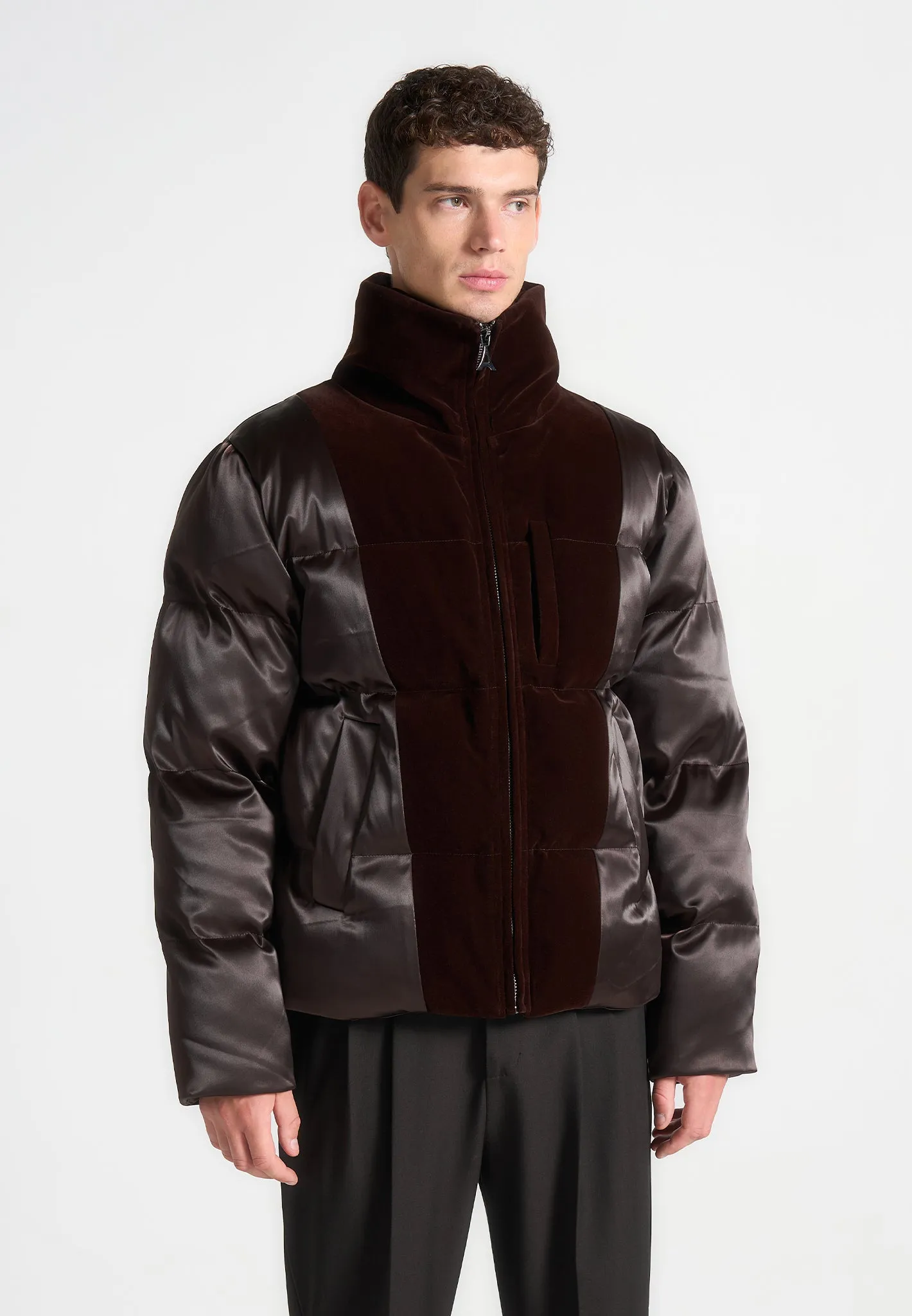 Satin and Velvet Panelled Puffer Jacket - Brown