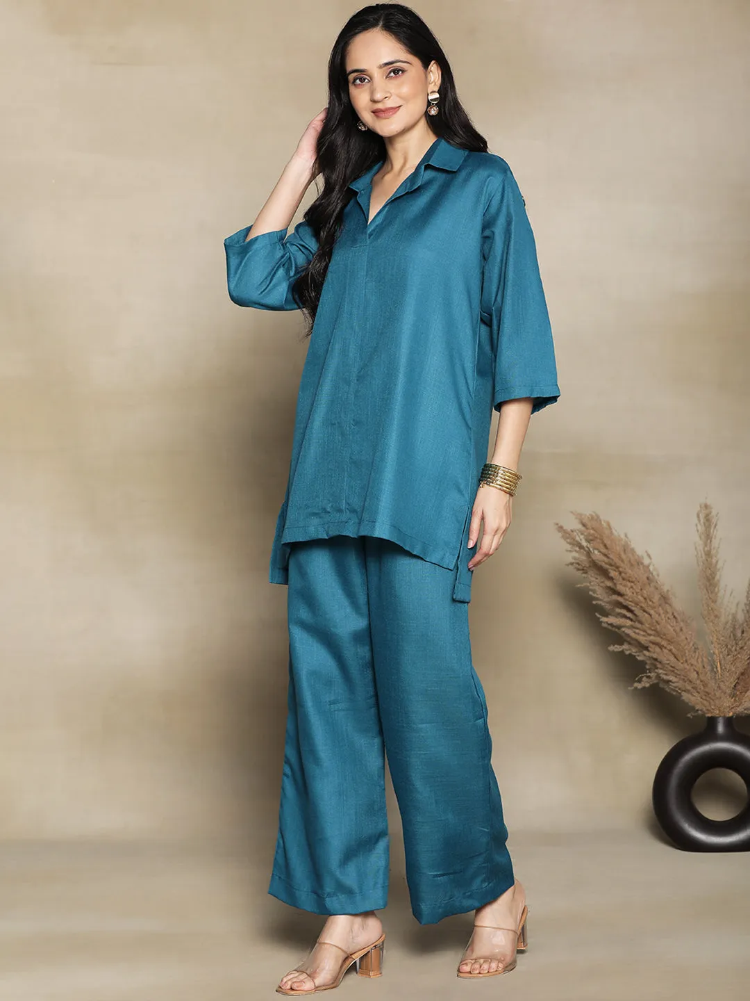 Teal CottonSlub ShirtTop & Palazzo