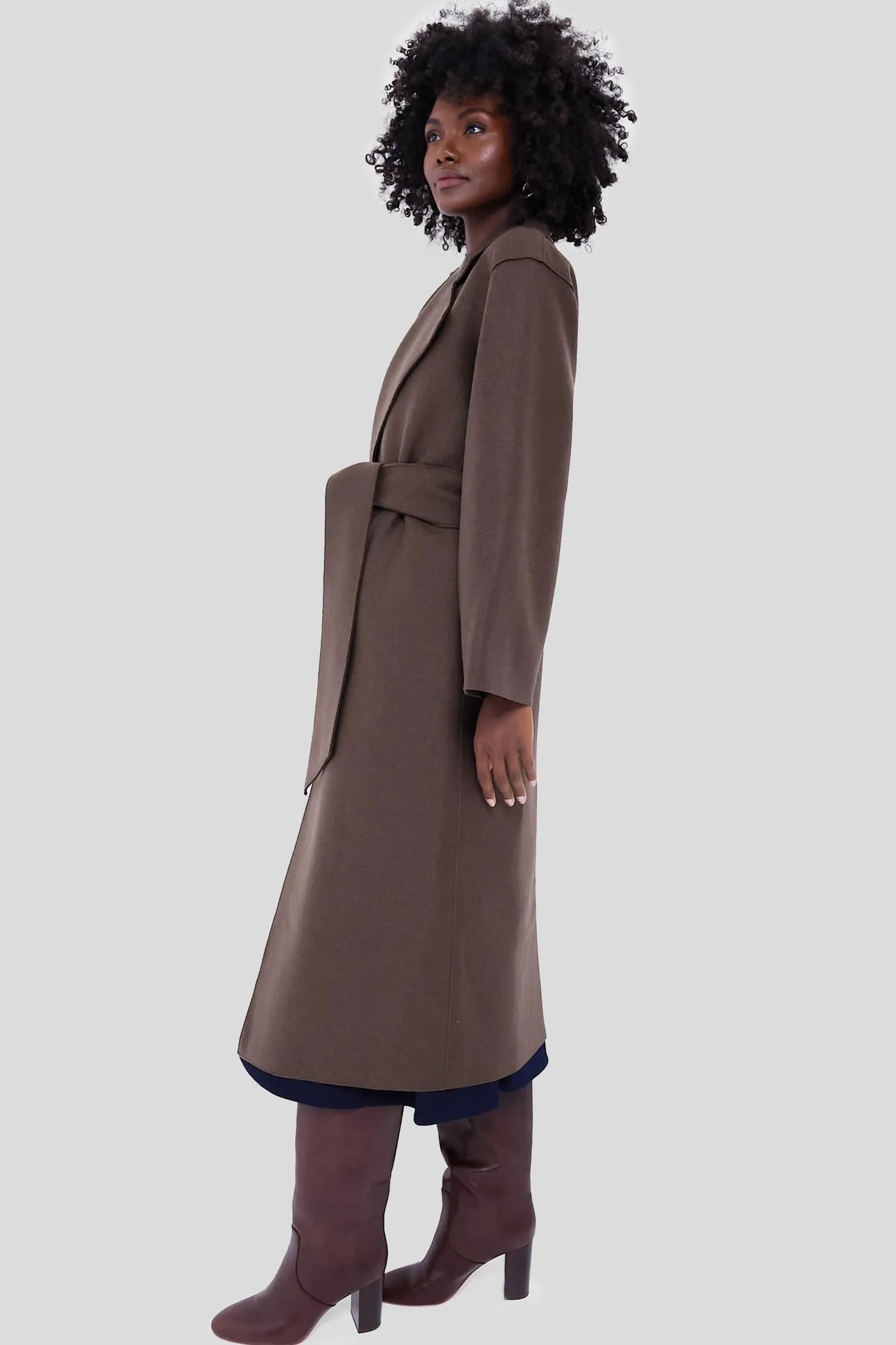 Teddy Brown Belted Clutch Pressed Wool Coat