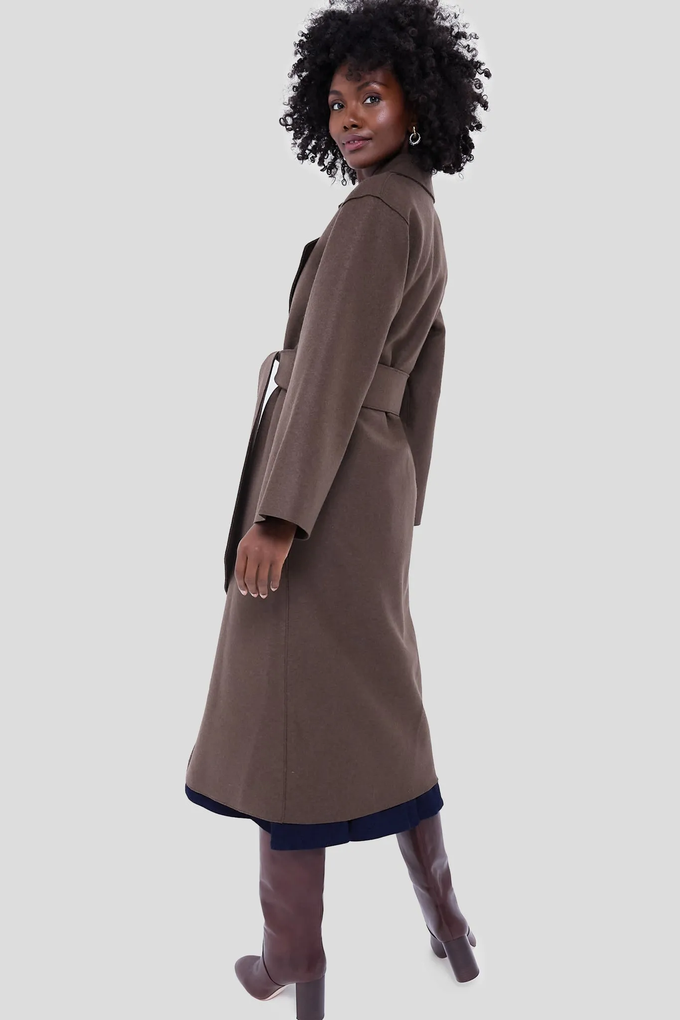 Teddy Brown Belted Clutch Pressed Wool Coat