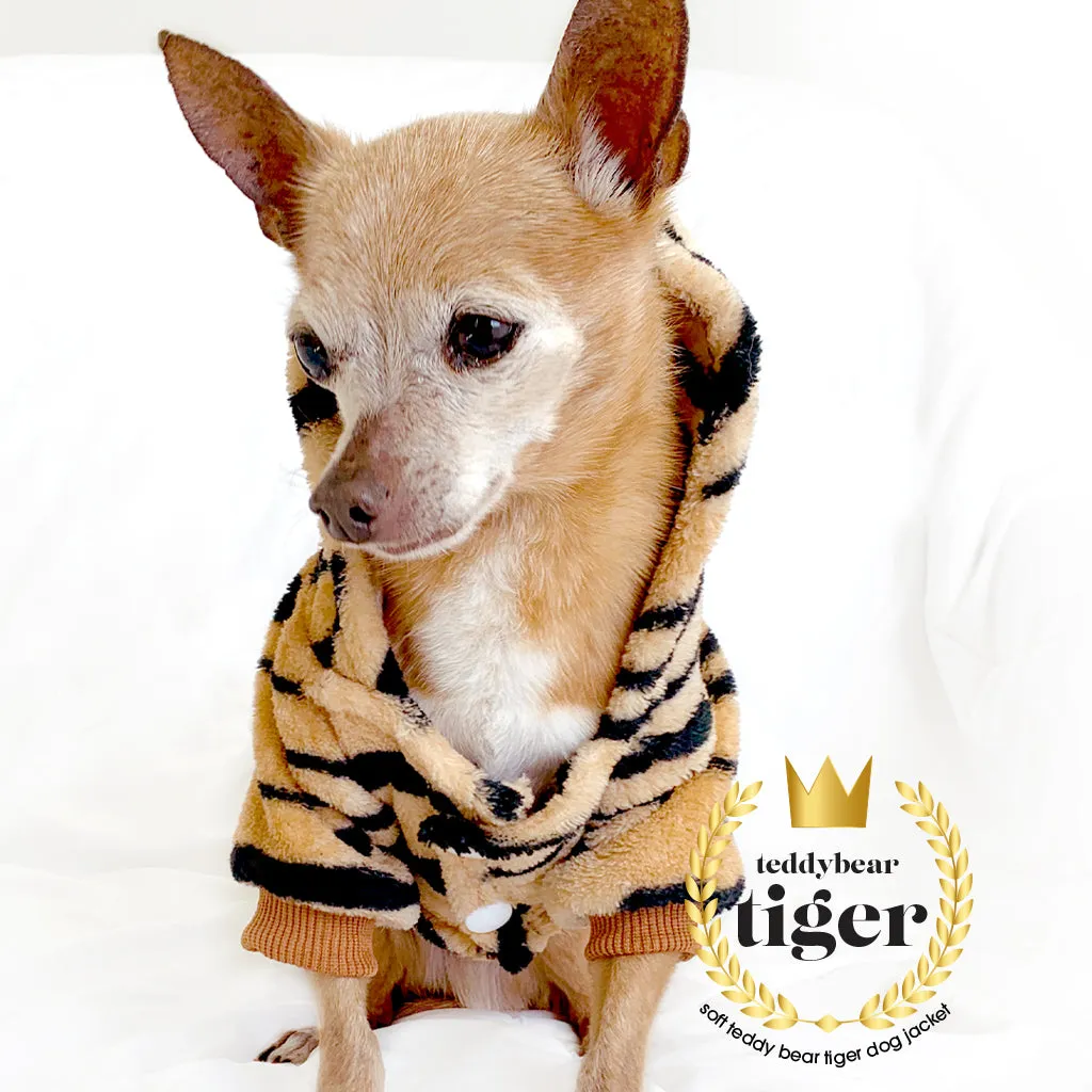 Tiger Print Warm Dog Jacket Dog Hoodie Button Up Dog Coat