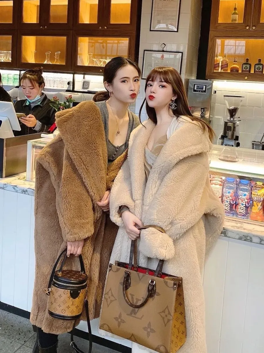 Uniwim cold weather outfitsTeddy Bear Coat Winter Alpaca Mid-Length Lamb Wool Coat for Women